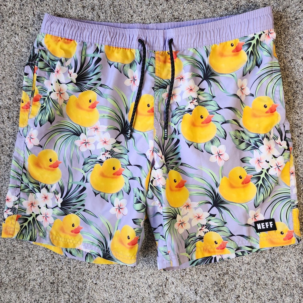 Neff Swim Trunks Mens Large Purple Rubber Ducky Tropical Print Excellent